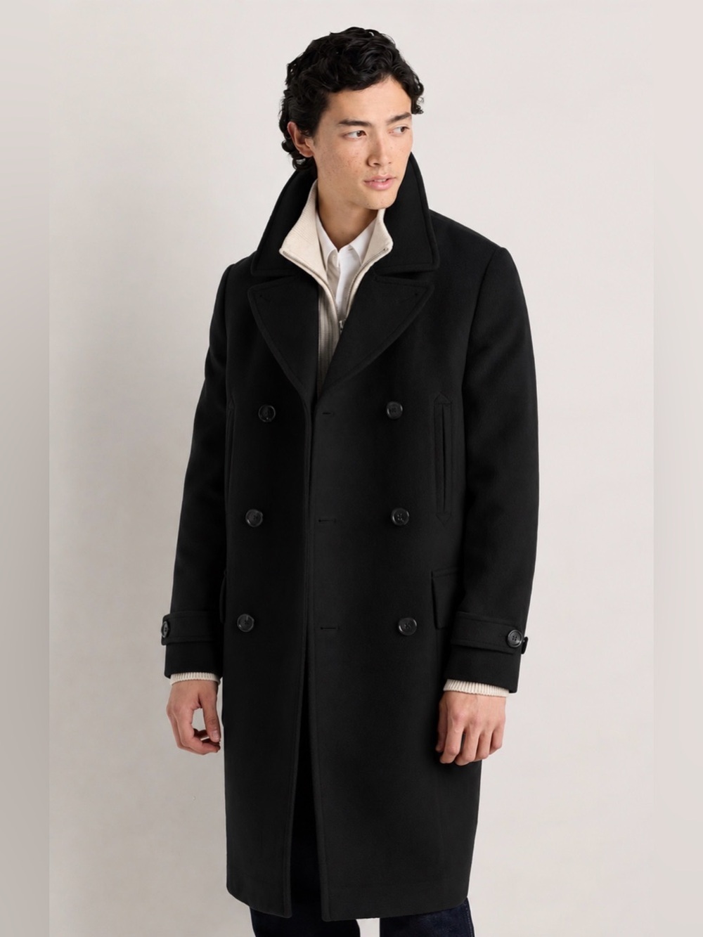 NWT Quince Men's Wool Cashmere Double-Breasted Officer Topcoat Black Coat Size L